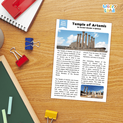 Lined reading comprehension question worksheet covering main ideas, vocabulary terms, and landmark facts about the Temple of Artemis