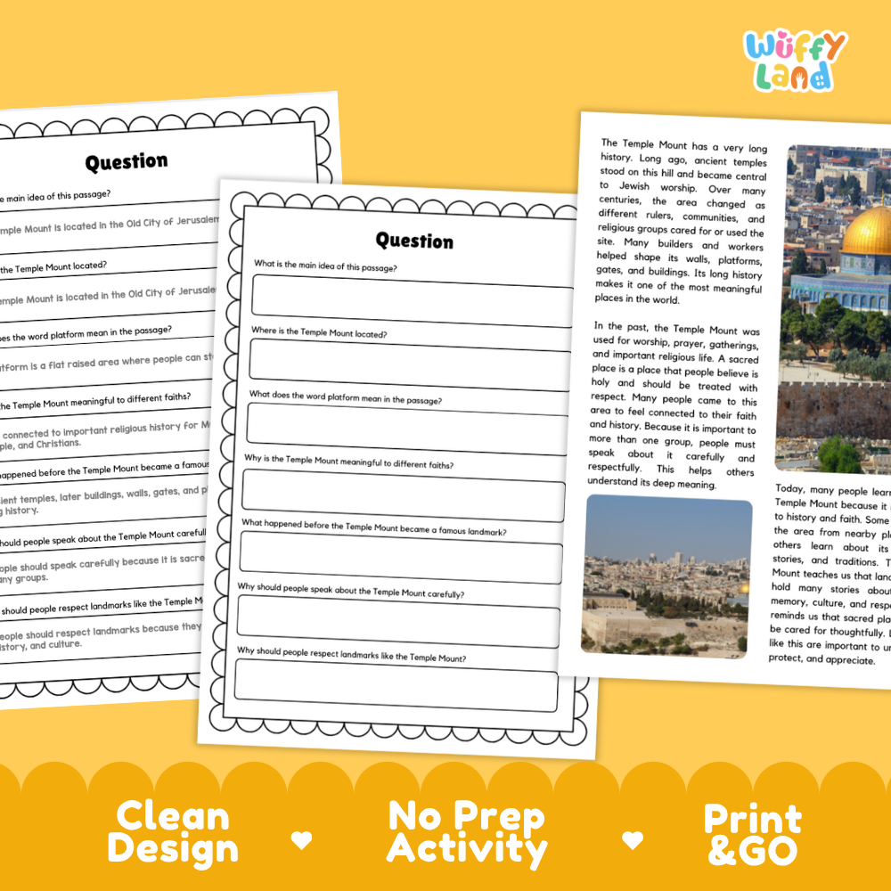 Temple Mount Landmark Reading Passage and Comprehension Worksheets