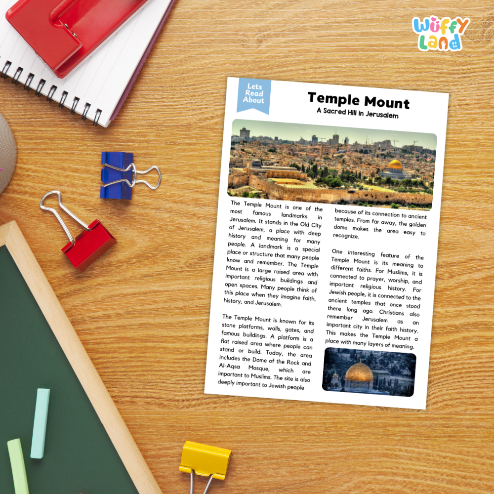 A printed educational worksheet titled 'Temple Mount: A Sacred Hill in Jerusalem' laid on a wooden desk, surrounded by school supplies including a spiral notebook, red and blue paperclips, a green folder, and a blue pen. The worksheet includes text, a main historical photo, a smaller photo of the Dome of the Rock, and a blue 'Lets Read About' logo.
