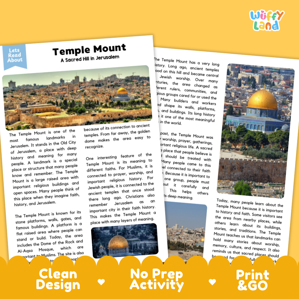 Two educational activity sheets titled 'Temple Mount: A Sacred Hill in Jerusalem' from the brand 'Wuffly Land', displayed on a clean white background with promotional text overlays at the bottom.