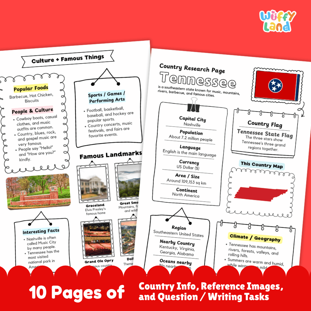 Tennessee Country Research Project Worksheets and Activity Pages
