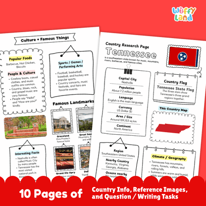 Tennessee Country Research Project Worksheets and Activity Pages