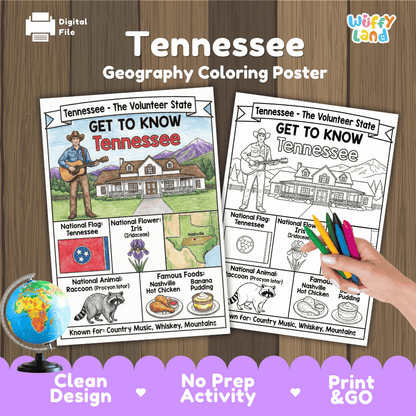 Tennessee State Geography Coloring Poster and Activity Worksheet