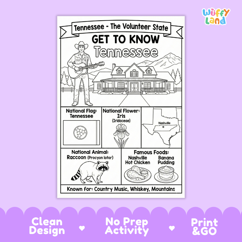 Tennessee State Geography Coloring Poster and Activity Worksheet
