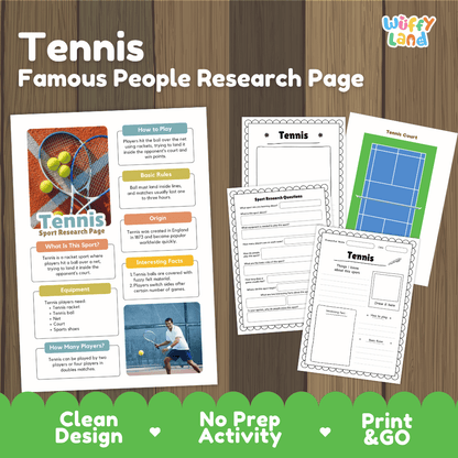 Tennis Sport Research Project Worksheets and Fact Sheet