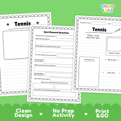Tennis Sport Research Project Worksheets and Fact Sheet