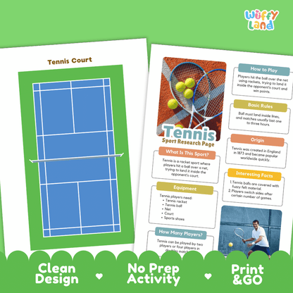 Educational print-and-go activity sheet about tennis, showing a tennis court diagram on the left and a fact-filled information panel on the right, with the title 'Tennis Sport Research Page' and 'Wiffi Land' branding.