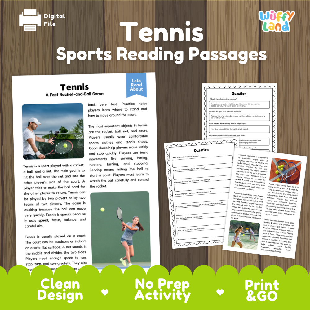 Tennis Sports Reading Passages and Comprehension Questions Worksheets