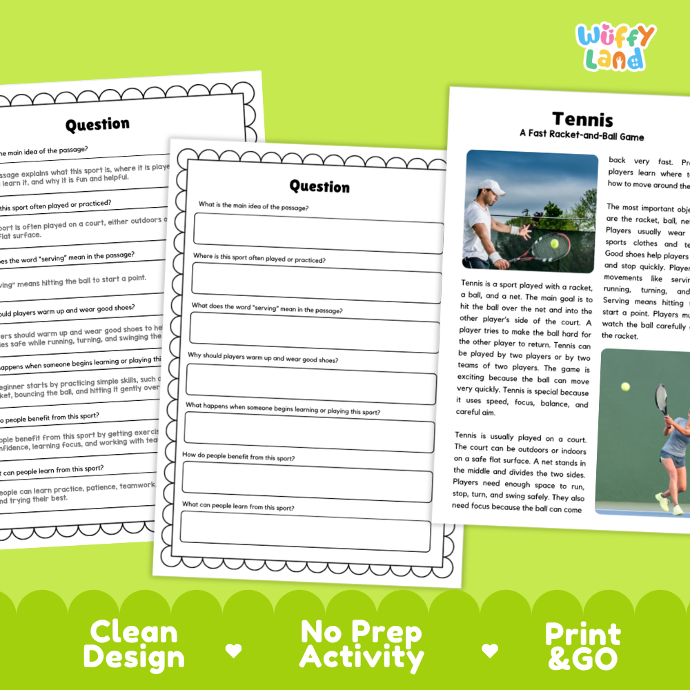 Three printable worksheet pages for a tennis activity are shown on a white background with a green banner at the bottom. The pages have black text, question prompts, and a small tennis-themed photo.