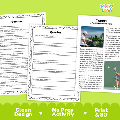 Three printable worksheet pages for a tennis activity are shown on a white background with a green banner at the bottom. The pages have black text, question prompts, and a small tennis-themed photo.