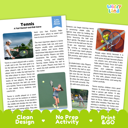 Tennis Sports Reading Passages and Comprehension Questions Worksheets