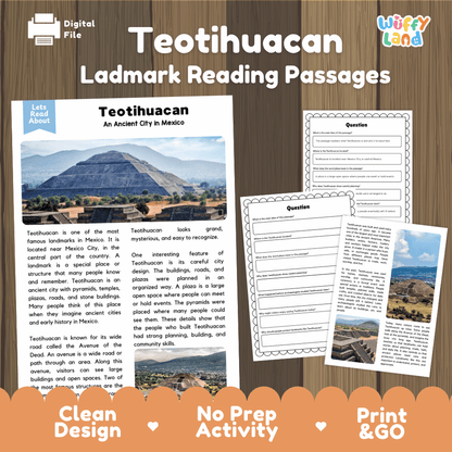 Teotihuacan landmark reading passages educational study unit featuring nonfiction reading worksheets and authentic Mexican pyramid photography
