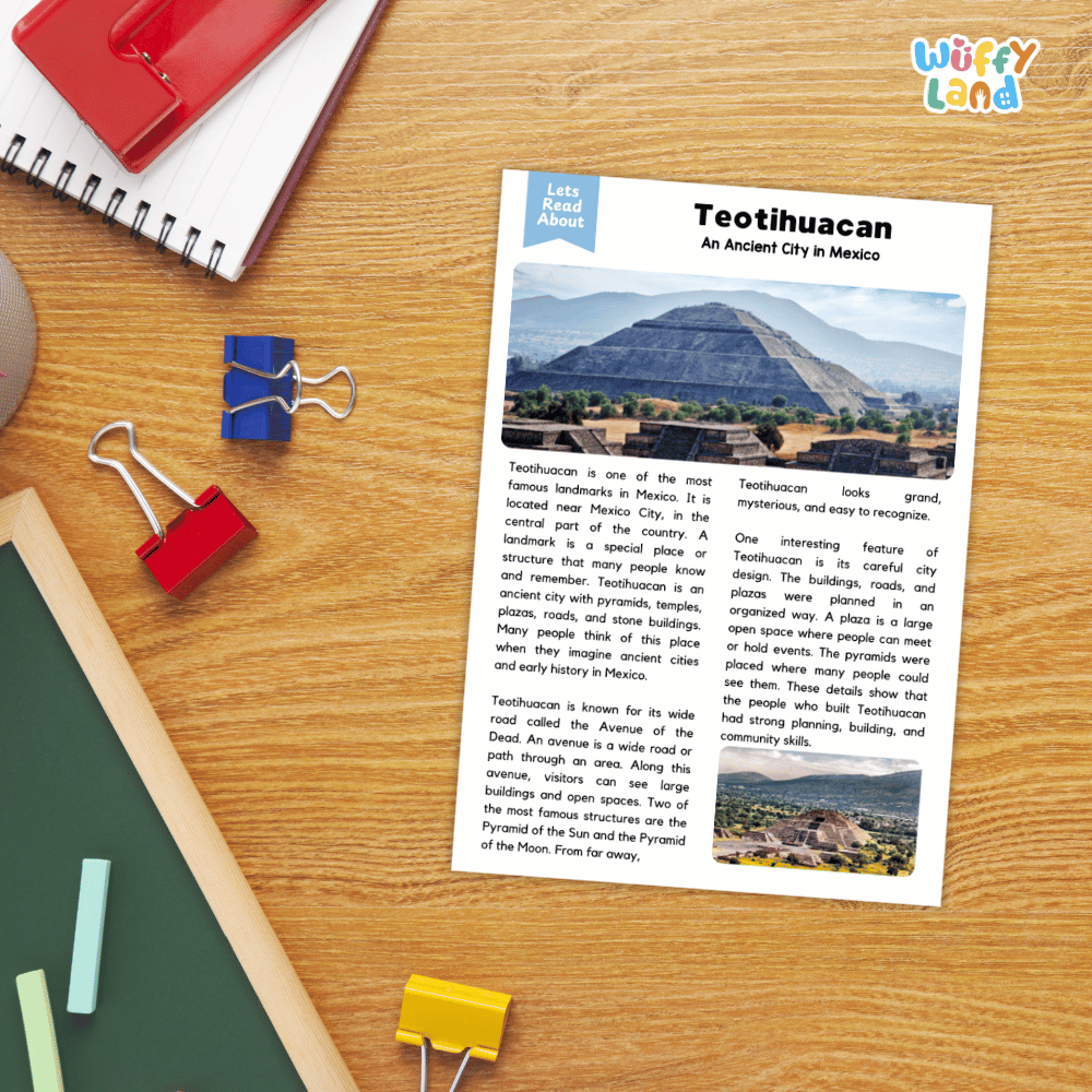Lined reading comprehension question worksheet covering main ideas vocabulary terms and landmark facts about Teotihuacan