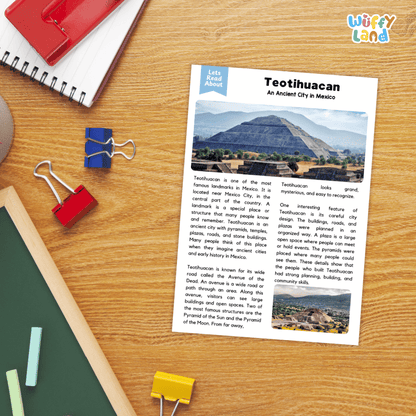 Lined reading comprehension question worksheet covering main ideas vocabulary terms and landmark facts about Teotihuacan