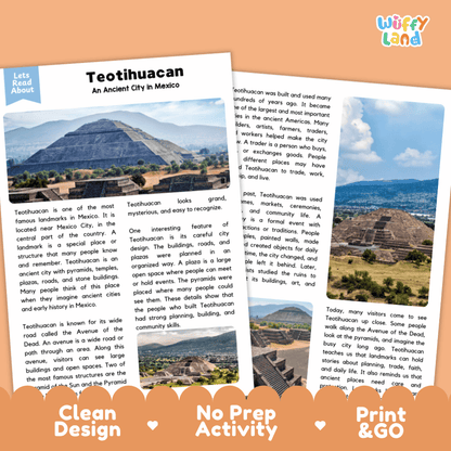 Reference sheet and answer key for Teotihuacan landmark reading passage displaying completed comprehension answers and ancient Mexico history facts