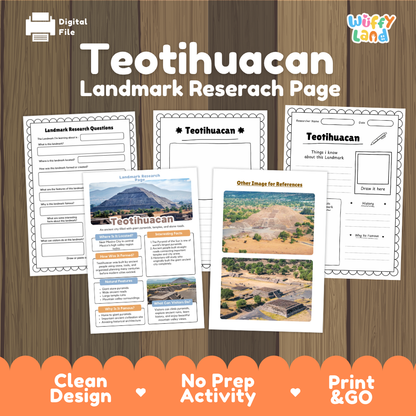Teotihuacan Landmark Research Page digital download activity sheet set by Wiffy Land, displayed on a wood-grain background with an orange banner at the bottom highlighting key features.