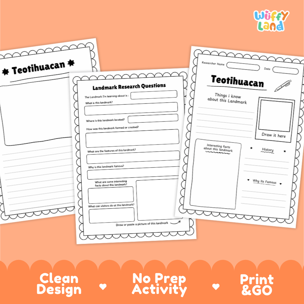 Three printable educational worksheets about Teotihuacan are shown on an orange background with marketing text at the bottom. The sheets are white with black outlines and text, including sections for landmarks, research questions, and writing prompts.