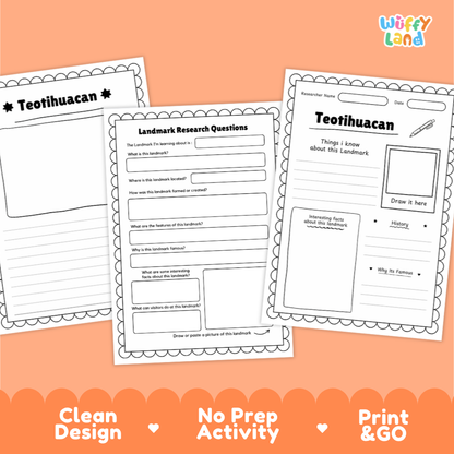 Three printable educational worksheets about Teotihuacan are shown on an orange background with marketing text at the bottom. The sheets are white with black outlines and text, including sections for landmarks, research questions, and writing prompts.