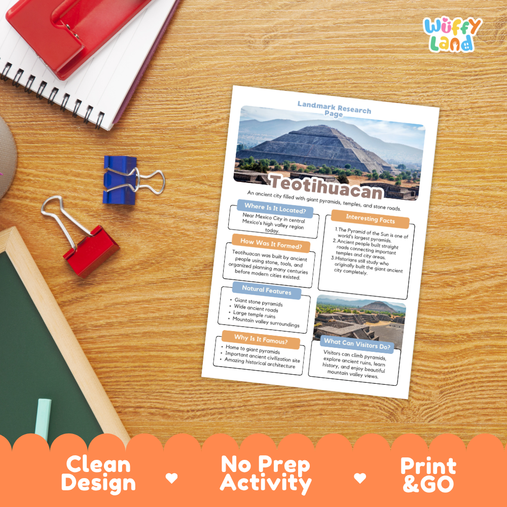 A printed educational activity sheet titled 'Landmark Research Page' about Teotihuacan, shown on a wooden desk with a spiral notebook, binder clips, chalk, and a colorful 'Wiffly land' logo in the corner. The sheet includes a landscape photo of Teotihuacan and several text boxes, with an orange banner at the bottom reading 'Clean Design', 'No Prep Activity', and 'Print & GO'.