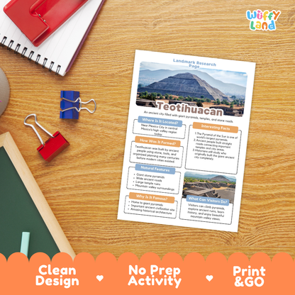 A printed educational activity sheet titled 'Landmark Research Page' about Teotihuacan, shown on a wooden desk with a spiral notebook, binder clips, chalk, and a colorful 'Wiffly land' logo in the corner. The sheet includes a landscape photo of Teotihuacan and several text boxes, with an orange banner at the bottom reading 'Clean Design', 'No Prep Activity', and 'Print & GO'.