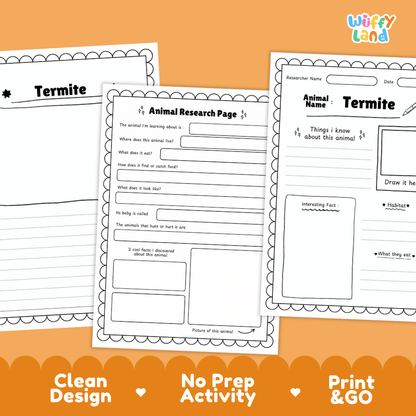 Termite Animal Research Page Worksheets and Fact Sheet Activity