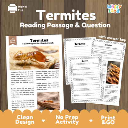 Termites Reading Passage and Comprehension Questions Worksheets with Answer Key