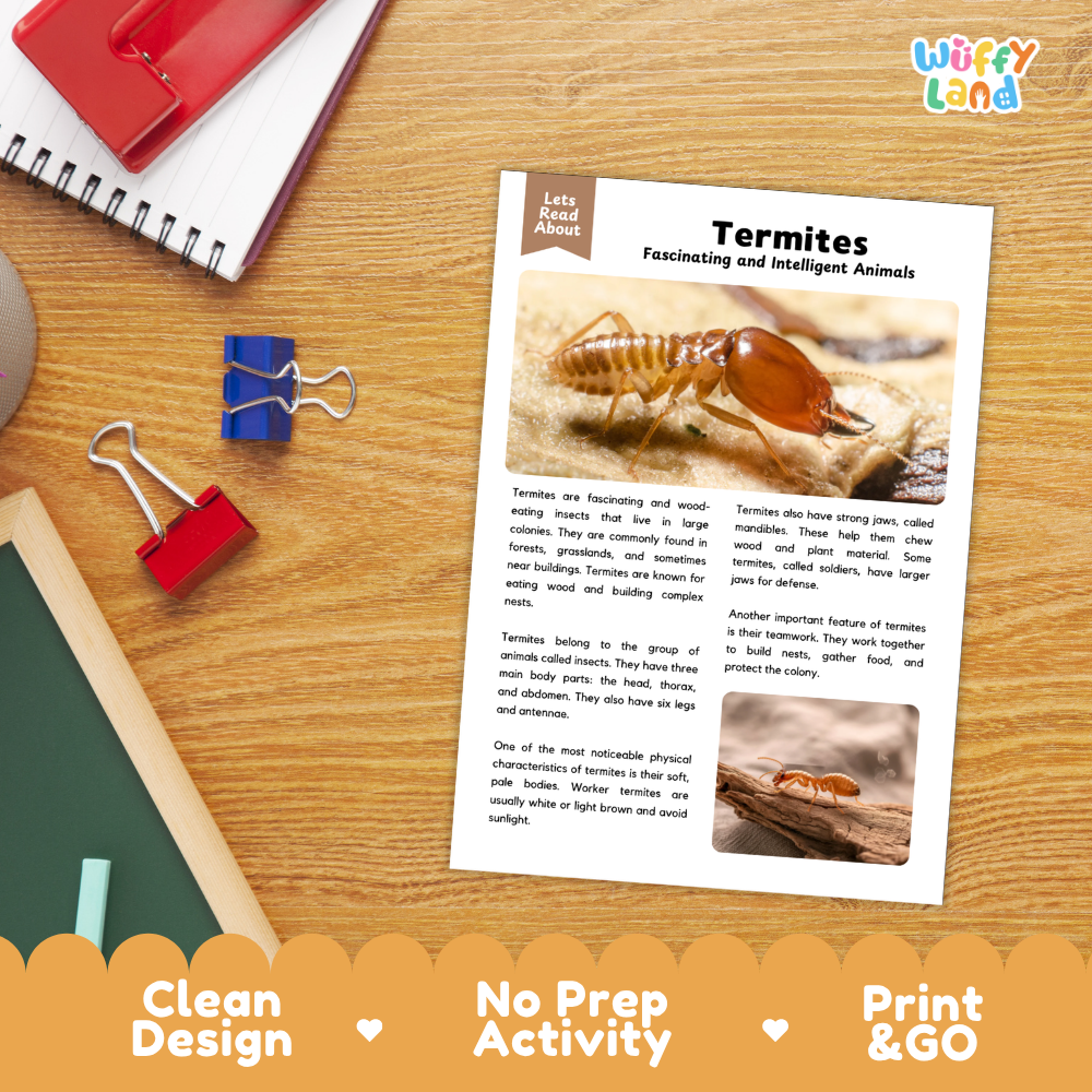 An educational activity sheet titled 'Termites Fascinating and Intelligent Animals' displayed on a wooden desk with school supplies. The sheet features text, two small color photos of termites, and a 'Lets Read About.
