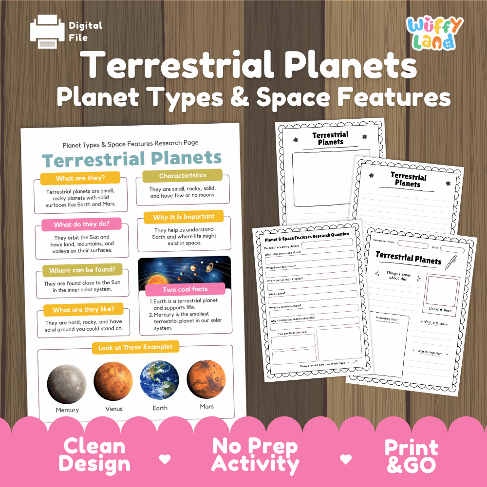 Digital educational activity sheet set about Terrestrial Planets from the brand Wiffly Land, featuring a main poster and two worksheet pages on a wood-grain background with a pink banner at the bottom.