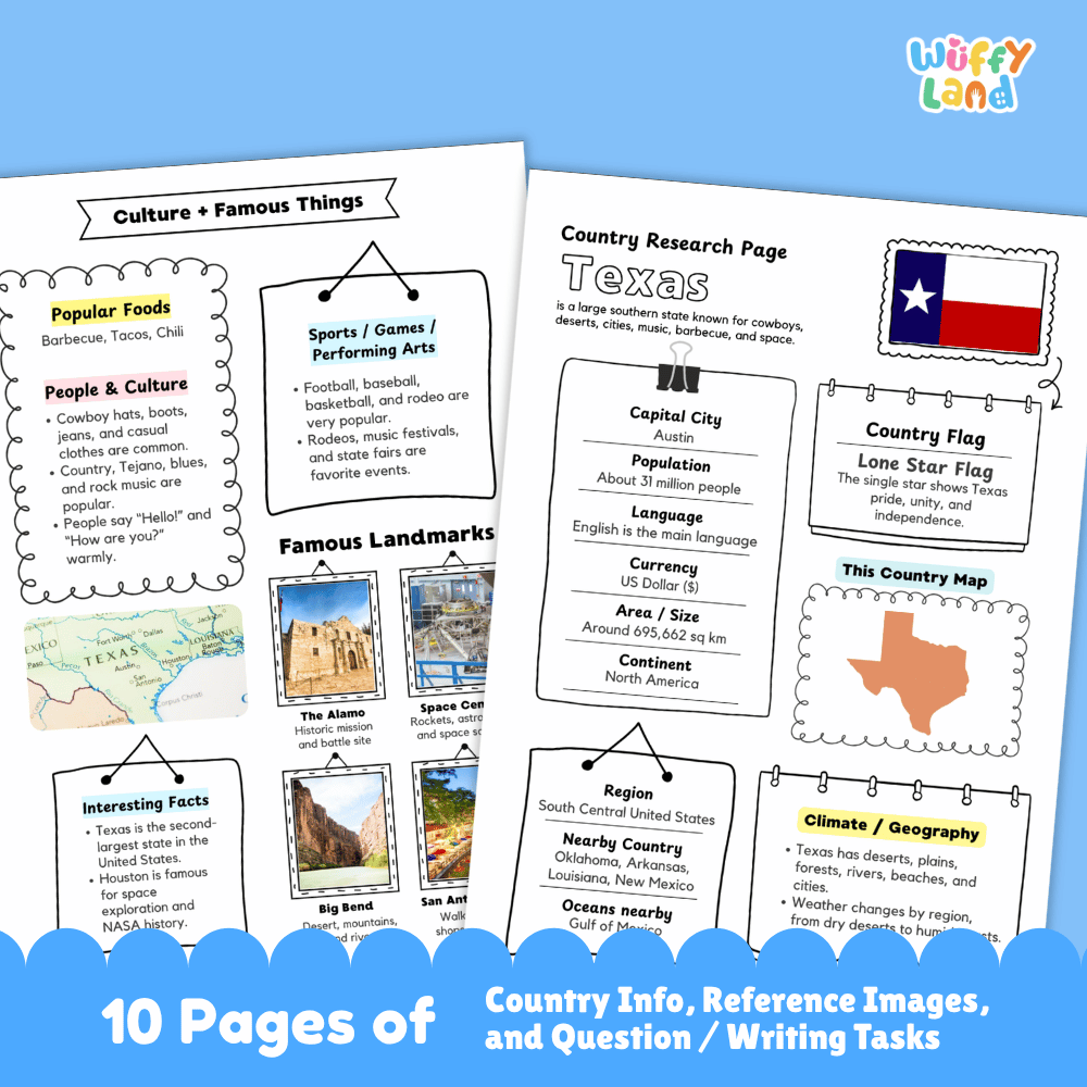 Texas Country Research Project Worksheets and Activity Pages