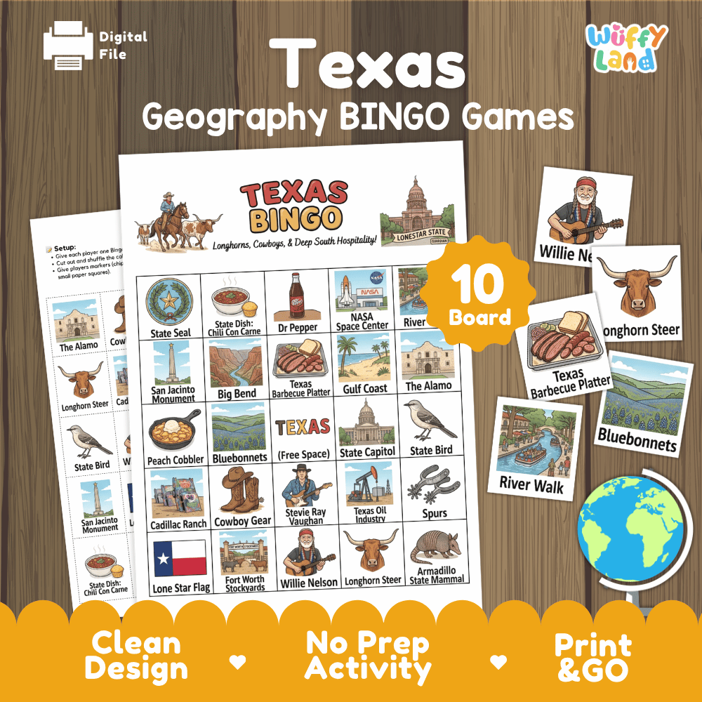 Texas Geography BINGO Game Lone Star State Activity Printable Boards
