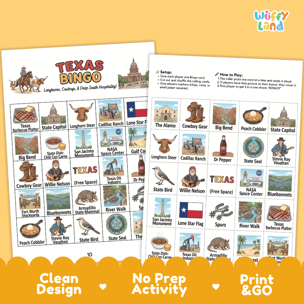 Texas Geography BINGO Game Lone Star State Activity Printable Boards