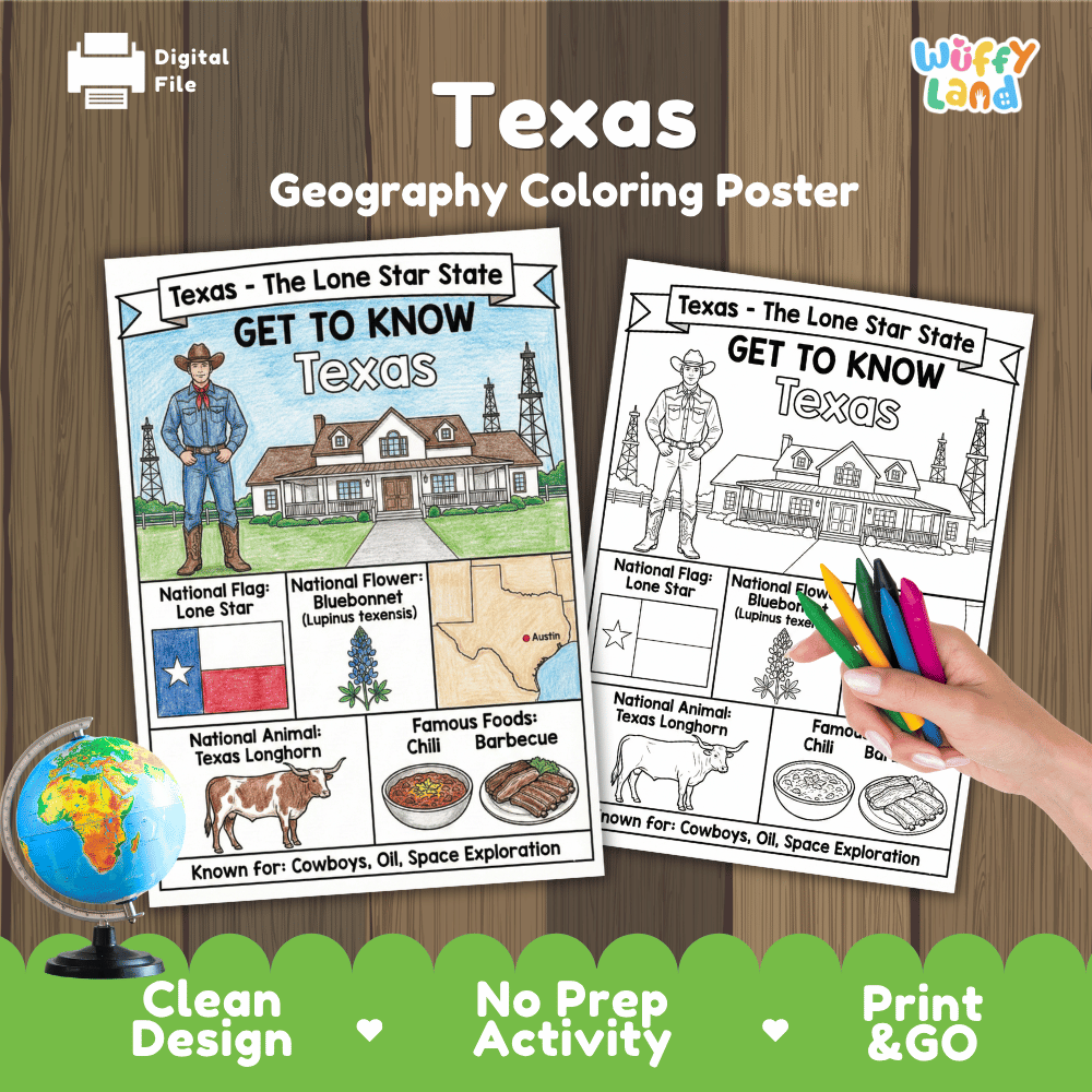 Texas State Geography Coloring Poster and Activity Worksheet