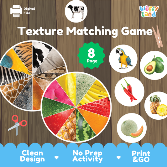 Texture matching game cover showing 8-page printable pack with animal pattern wheel fruit skin wheel and matching round tokens