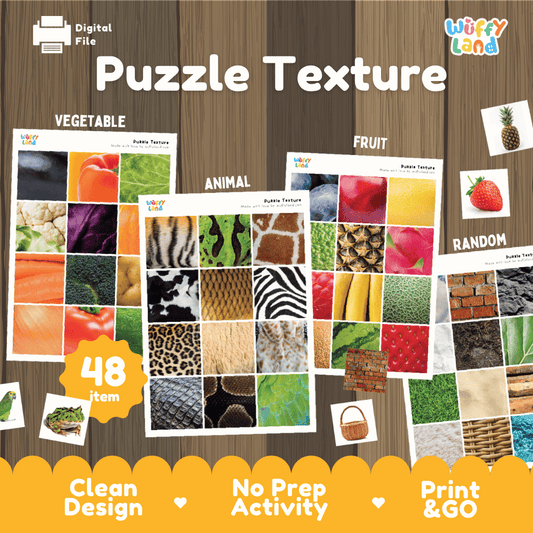 Texture matching puzzle game printable sensorial activity pack overview from Wuffy Land featuring 48 items across four categories 🔍✨