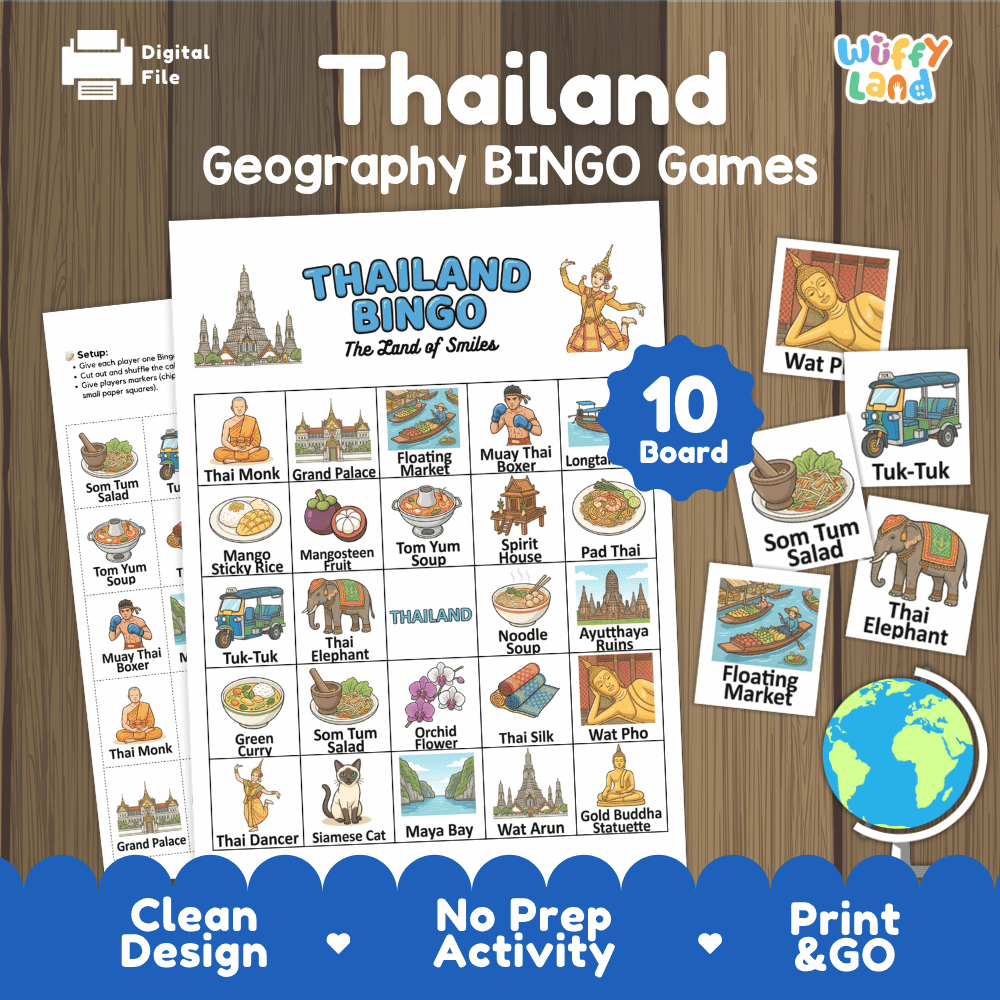 Classroom educational Bingo game cards featuring tuk-tuk, Pad Thai, Grand Palace, and Thai elephant 🎲🛺