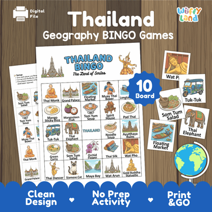 Classroom educational Bingo game cards featuring tuk-tuk, Pad Thai, Grand Palace, and Thai elephant 🎲🛺