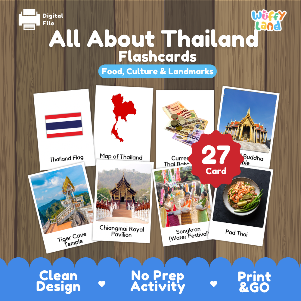 Floating market boat scene coloring page paired with real photo flashcards of Emerald Buddha Temple, Tiger Cave Temple, and Pad Thai