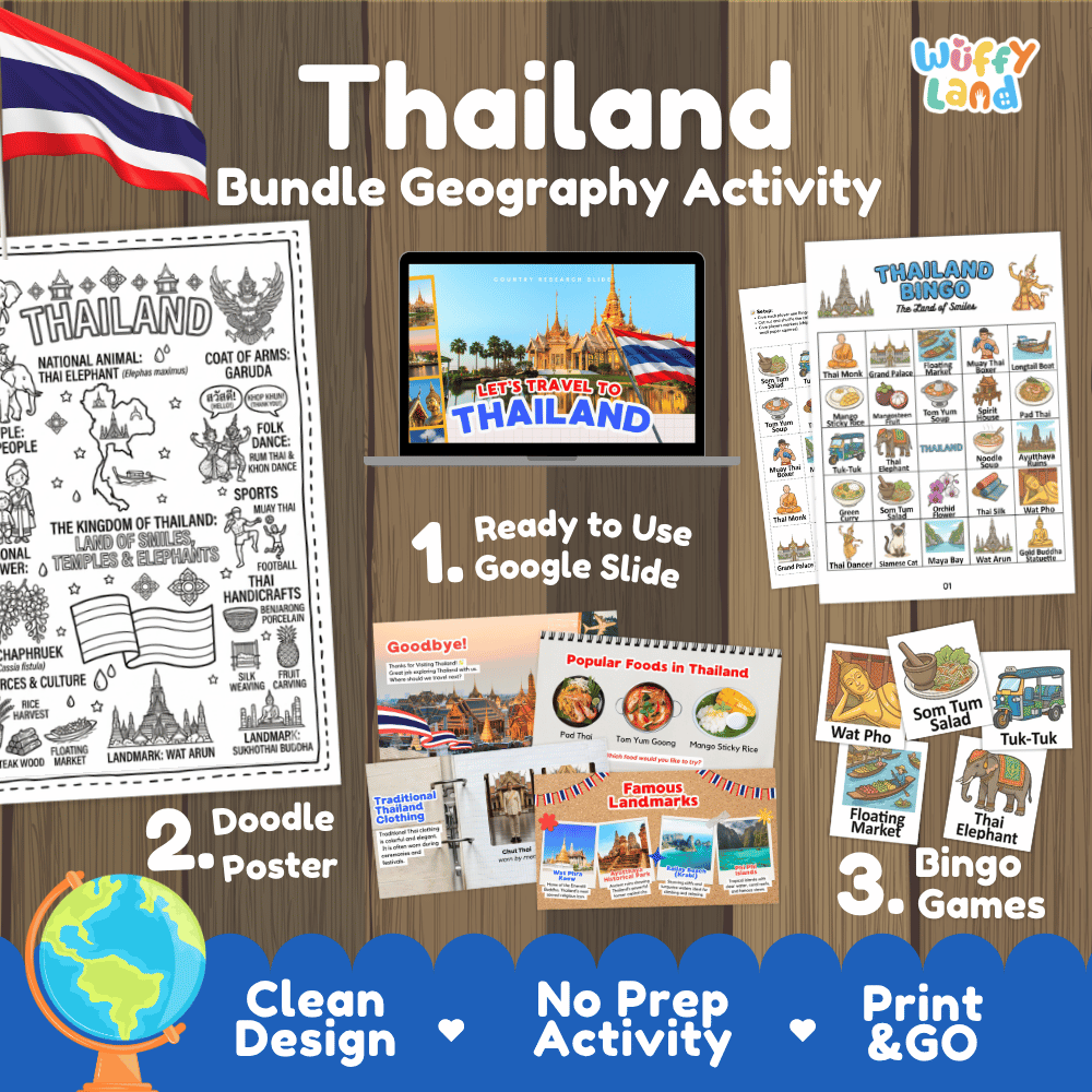 Complete Thailand geography activity bundle featuring Google Slides, doodle coloring poster, and classroom bingo games 🇹🇭🎒