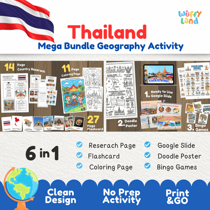 Complete Thailand geography activity bundle featuring Google Slides, doodle coloring poster, and classroom bingo games 🇹🇭🎒