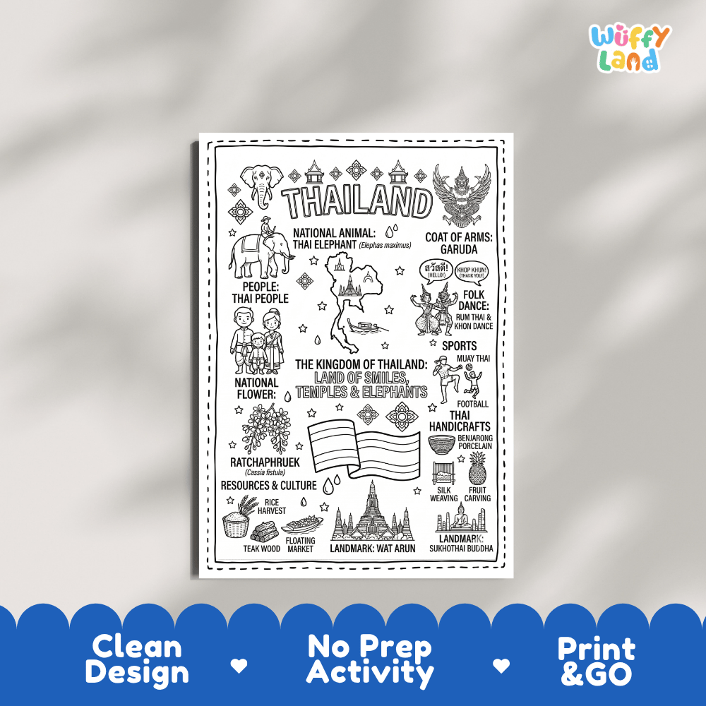 Educational activity coloring page highlighting Thai Elephant Elephas maximus, Ratchaphruek Cassia fistula flower, and Garuda emblem
