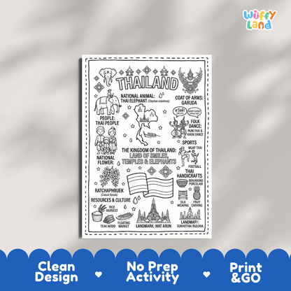 Educational activity coloring page highlighting Thai Elephant Elephas maximus, Ratchaphruek Cassia fistula flower, and Garuda emblem