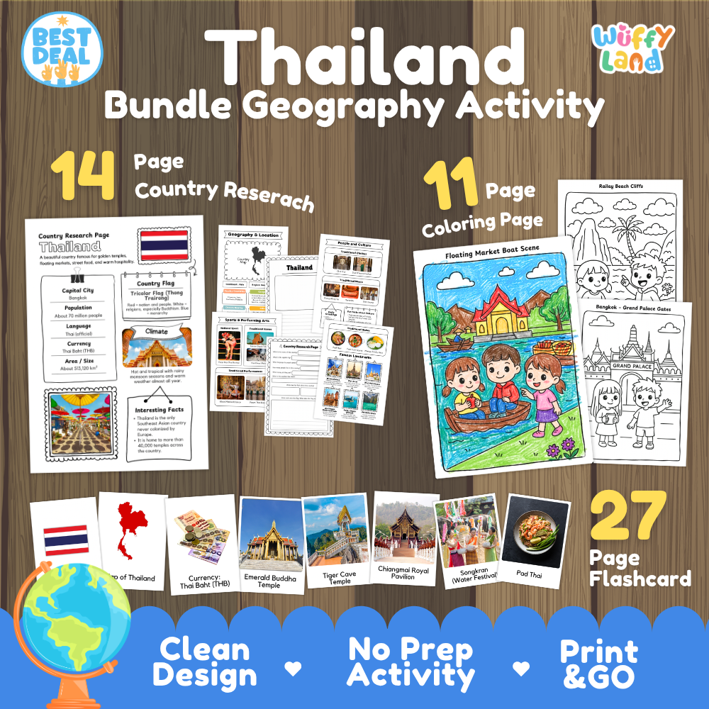 Thailand geography activity bundle cover showing 14 country research pages, 11 coloring pages, and 27 photo flashcards