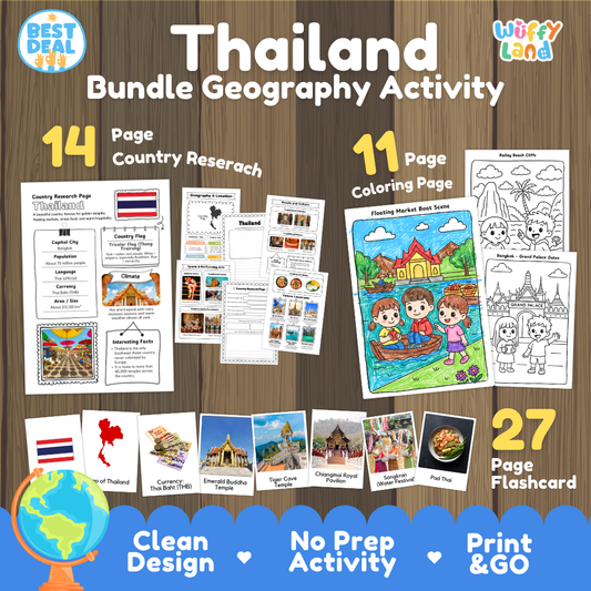Thailand geography activity bundle cover showing 14 country research pages, 11 coloring pages, and 27 photo flashcards