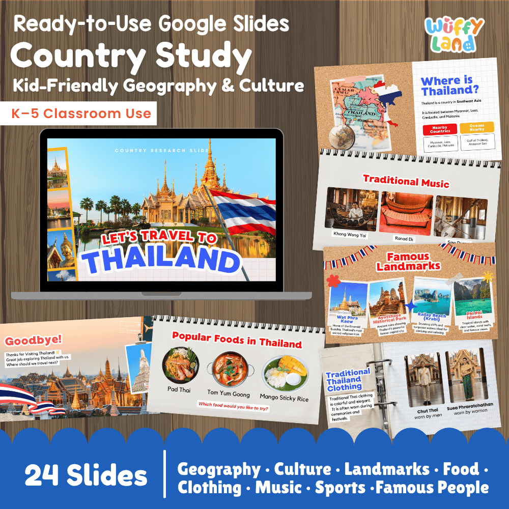 Interactive Google Slides deck displaying famous Thai landmarks like Wat Arun, Grand Palace, and traditional Thai food 💻🏯