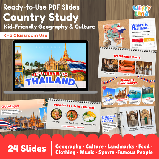 Promotional graphic for a 'Country Study' geography and culture PDF slide set themed around Thailand, designed for K-5 classrooms. The graphic shows a laptop displaying a slide with the Thai national color flag, surrounded by various educational slide previews including 'Traditional Music', 'Famous Landmarks', 'Popular Foods in Thailand', and 'Goodbye!'.