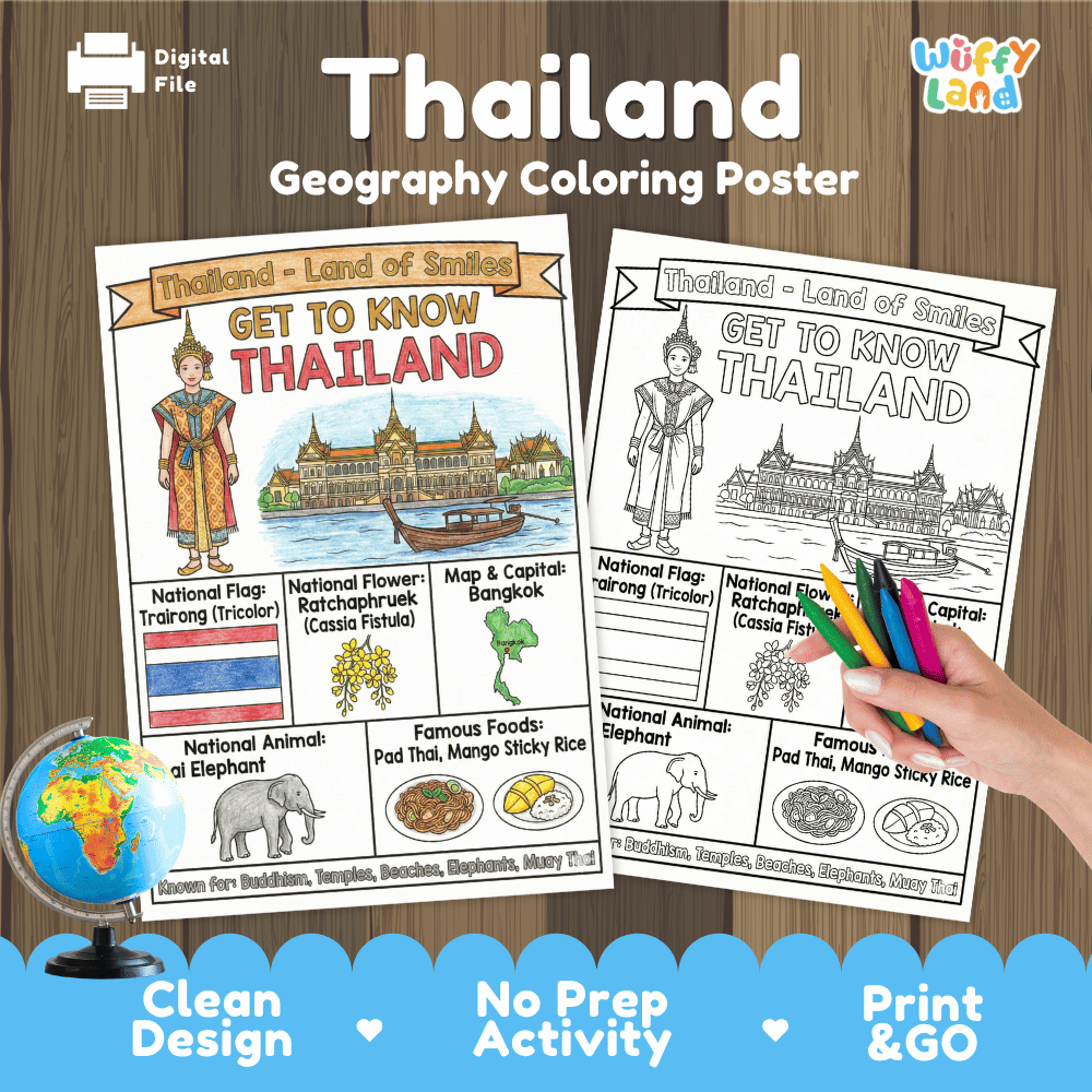 Thailand Geography Coloring Poster and Fact Sheet Printables