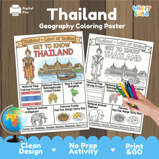Thailand Geography Coloring Poster and Fact Sheet Printables