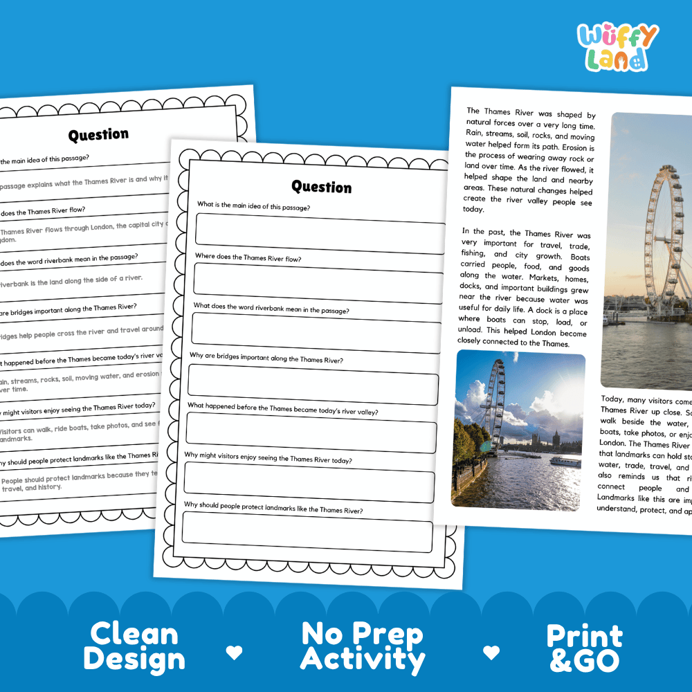 Student reading passage titled A Famous River in London detailing Thames River history bridges London Eye and English river photography