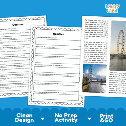 Student reading passage titled A Famous River in London detailing Thames River history bridges London Eye and English river photography