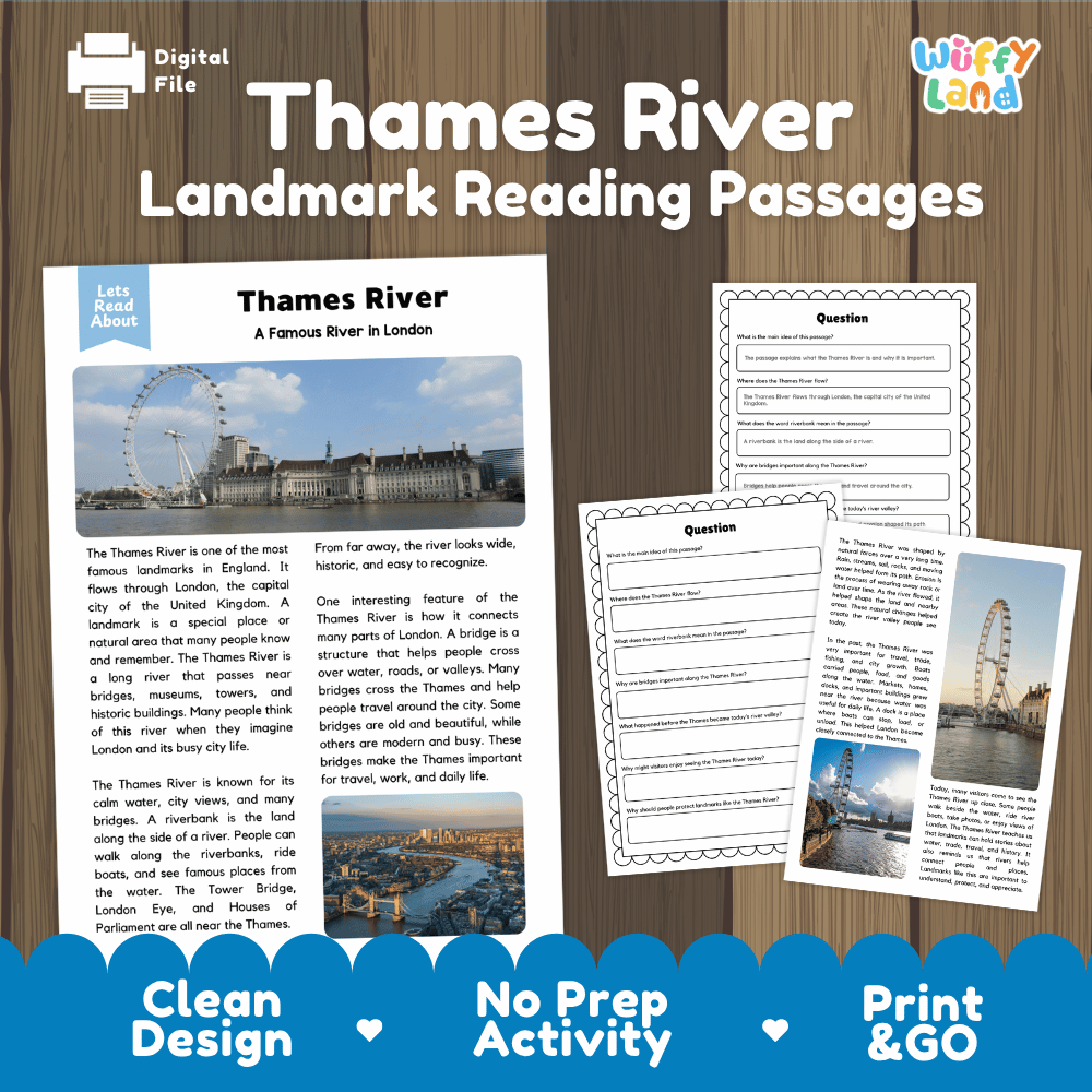 Thames River landmark reading passages educational study unit featuring nonfiction reading worksheets and authentic London cityscape river photography